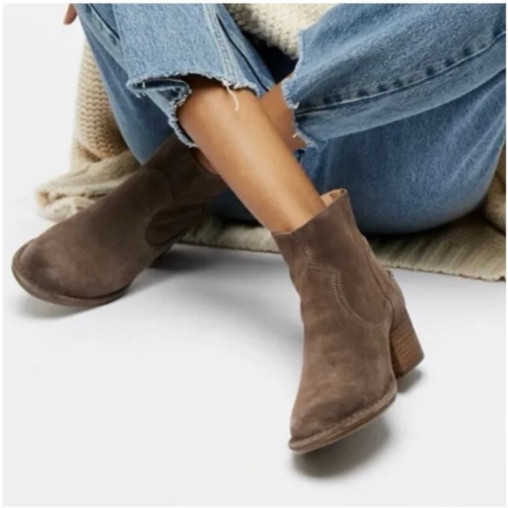 UGG Sz 7 Bandara Stacked Heel Ankle Booties Taupe Suede Fall Indie Chic